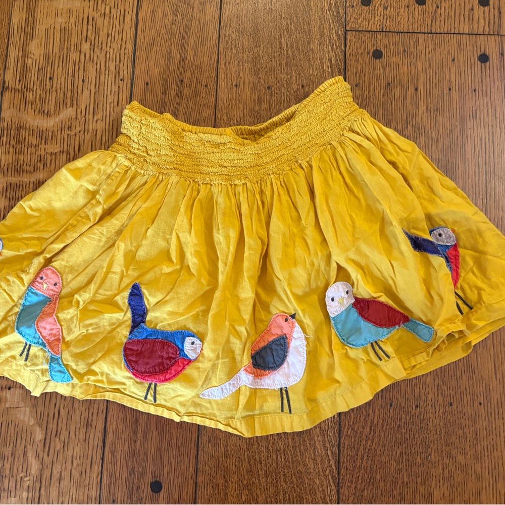 Mini Boden Yellow Skirt with Colorful Bird Design